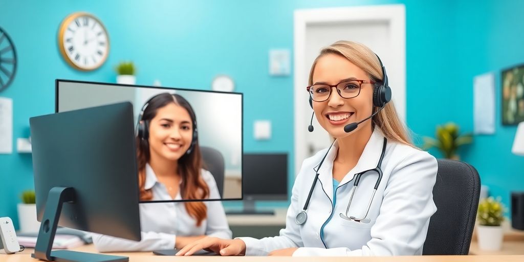 Virtual receptionist assisting a patient in a medical office.