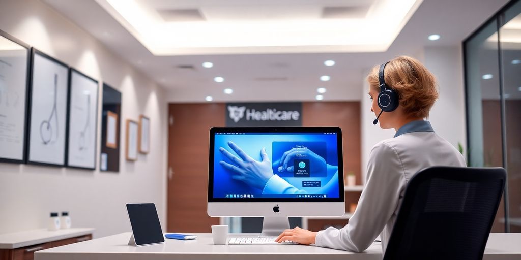 Virtual receptionist in a modern medical office setting.