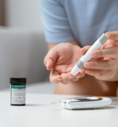 A person with Type 2 diabetes using a blood glucose monitor, pricking their finger to test blood sugar levels. A container of blood glucose test strips and a glucose meter are on the table.