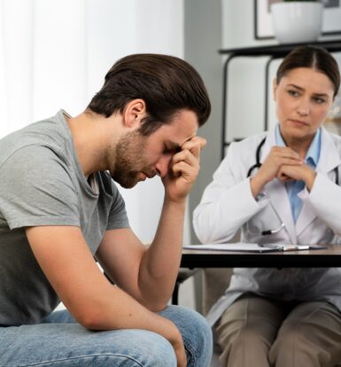 Doctor providing support to a patient dealing with mental health challenges, highlighting the importance of continuity in antidepressant treatment.