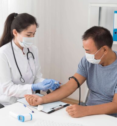 Healthcare provider administering an injection to a patient during a consultation on prior authorization for diabetes medication.