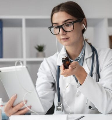 A telemedicine provider wearing headphones and a stethoscope, holding a medication bottle while reviewing notes on a tablet during a virtual consultation.