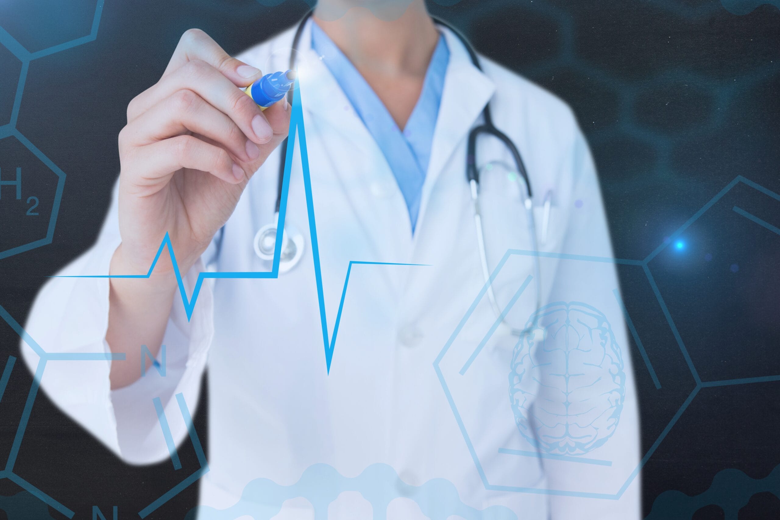 A healthcare professional wearing a white coat and stethoscope holding a pen, with a digital overlay of medical symbols and an electrocardiogram (ECG) line.