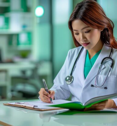 Medical scribe typing on a laptop while observing a doctor-patient consultation