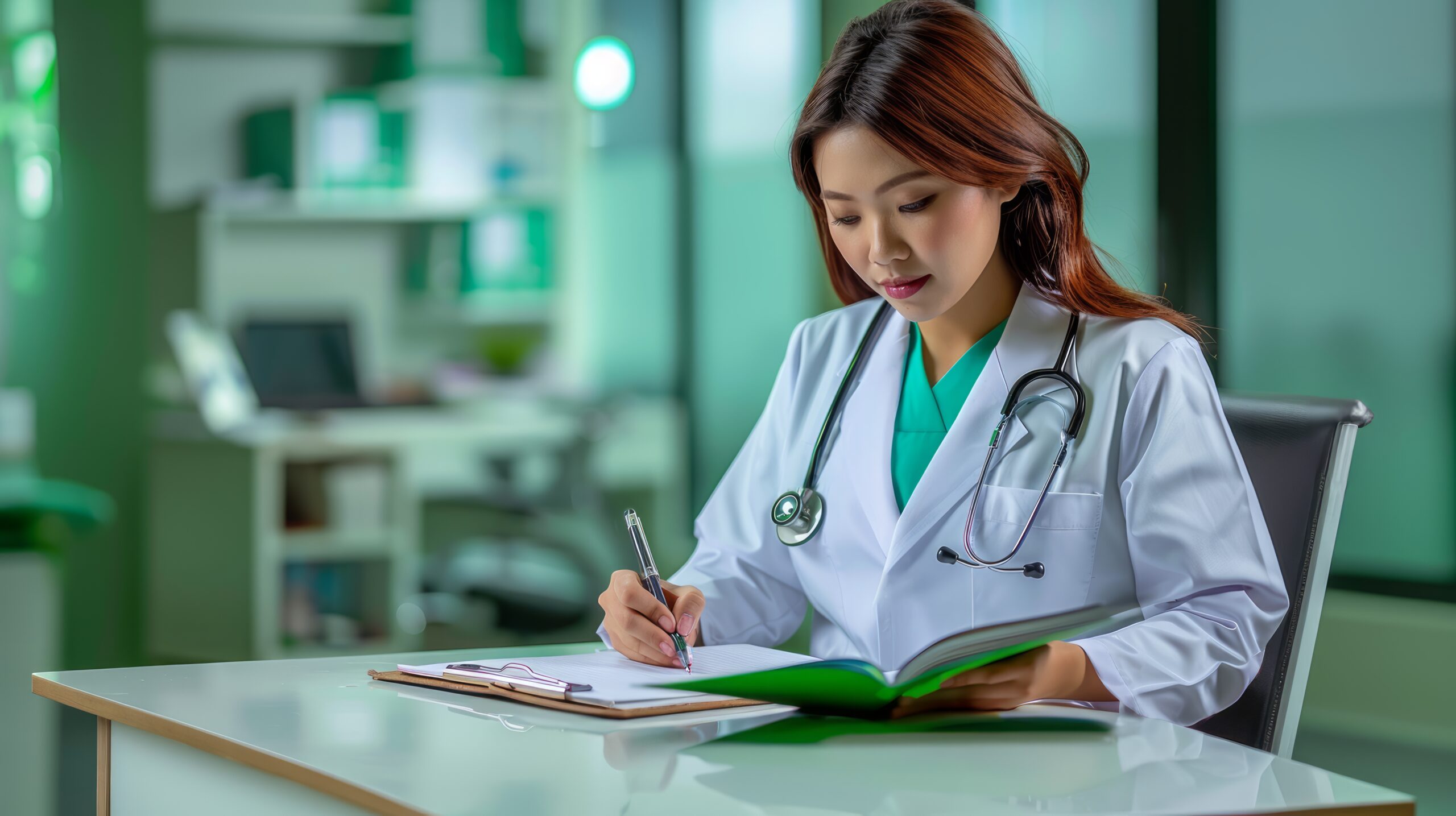 Medical scribe typing on a laptop while observing a doctor-patient consultation