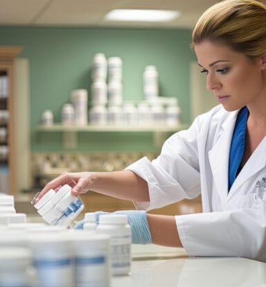 A pharmacist reviewing financial reports with outsourced billing team.