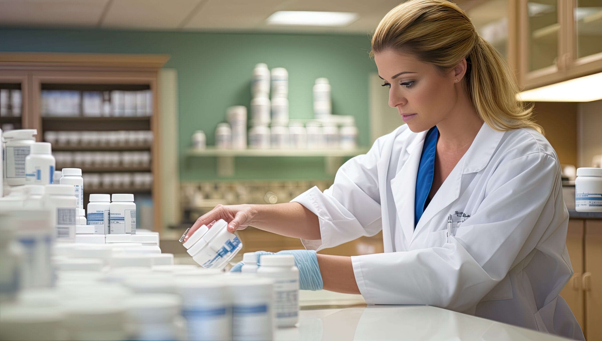 A pharmacist reviewing financial reports with outsourced billing team.