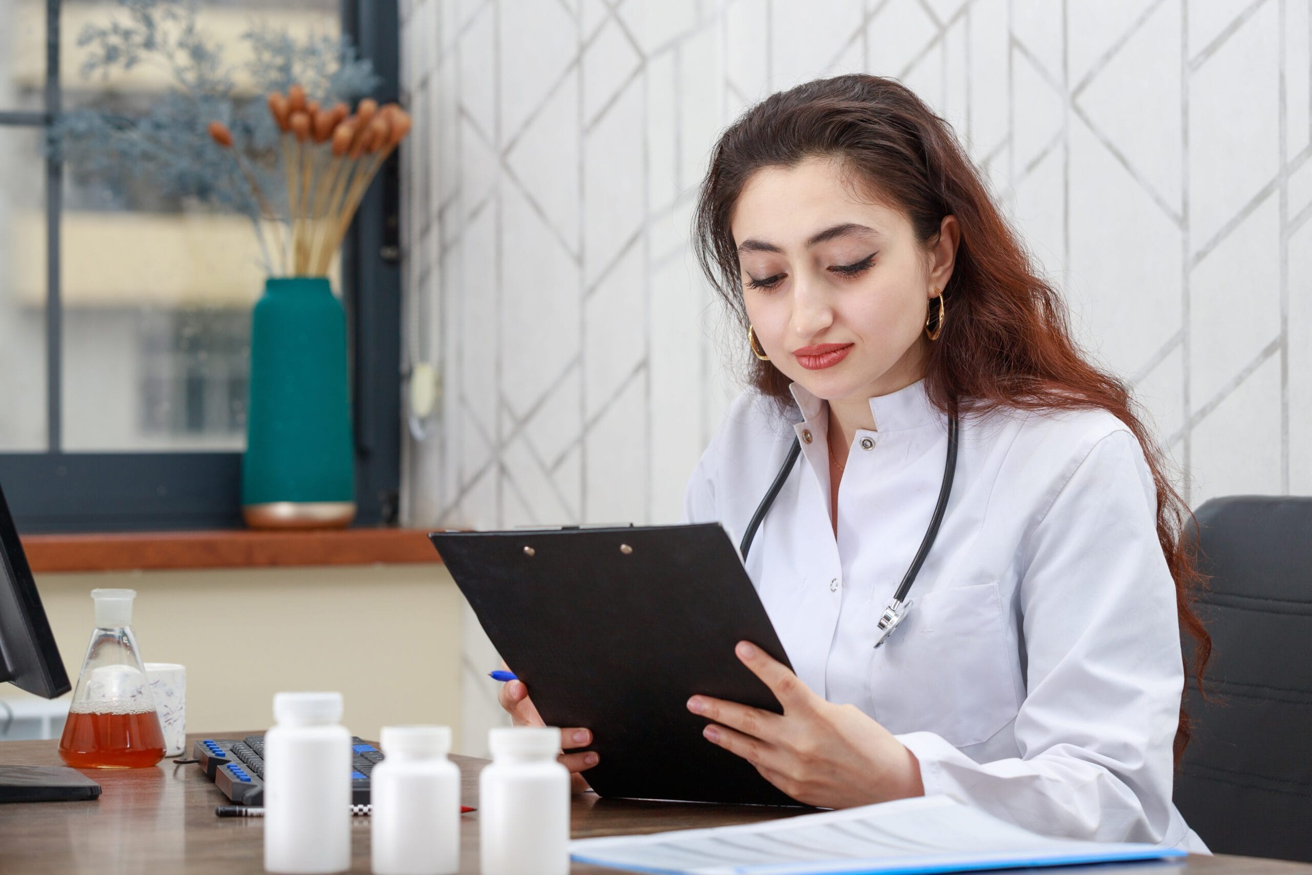 A female healthcare professional in a white coat reviewing a clipboard, sitting at a desk with medication bottles and documents in front of her