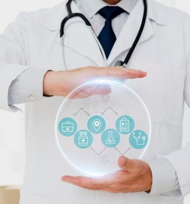 Doctor holding icons representing healthcare services and medical scribing for patient documentation accuracy.