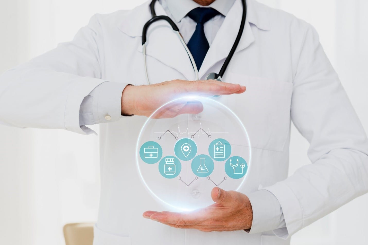 Doctor holding icons representing healthcare services and medical scribing for patient documentation accuracy.