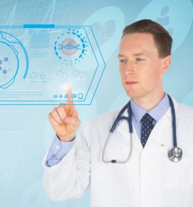 Doctor using a futuristic digital interface to analyze patient data, illustrating the role of technology and accuracy in medical coding and revenue cycle management.