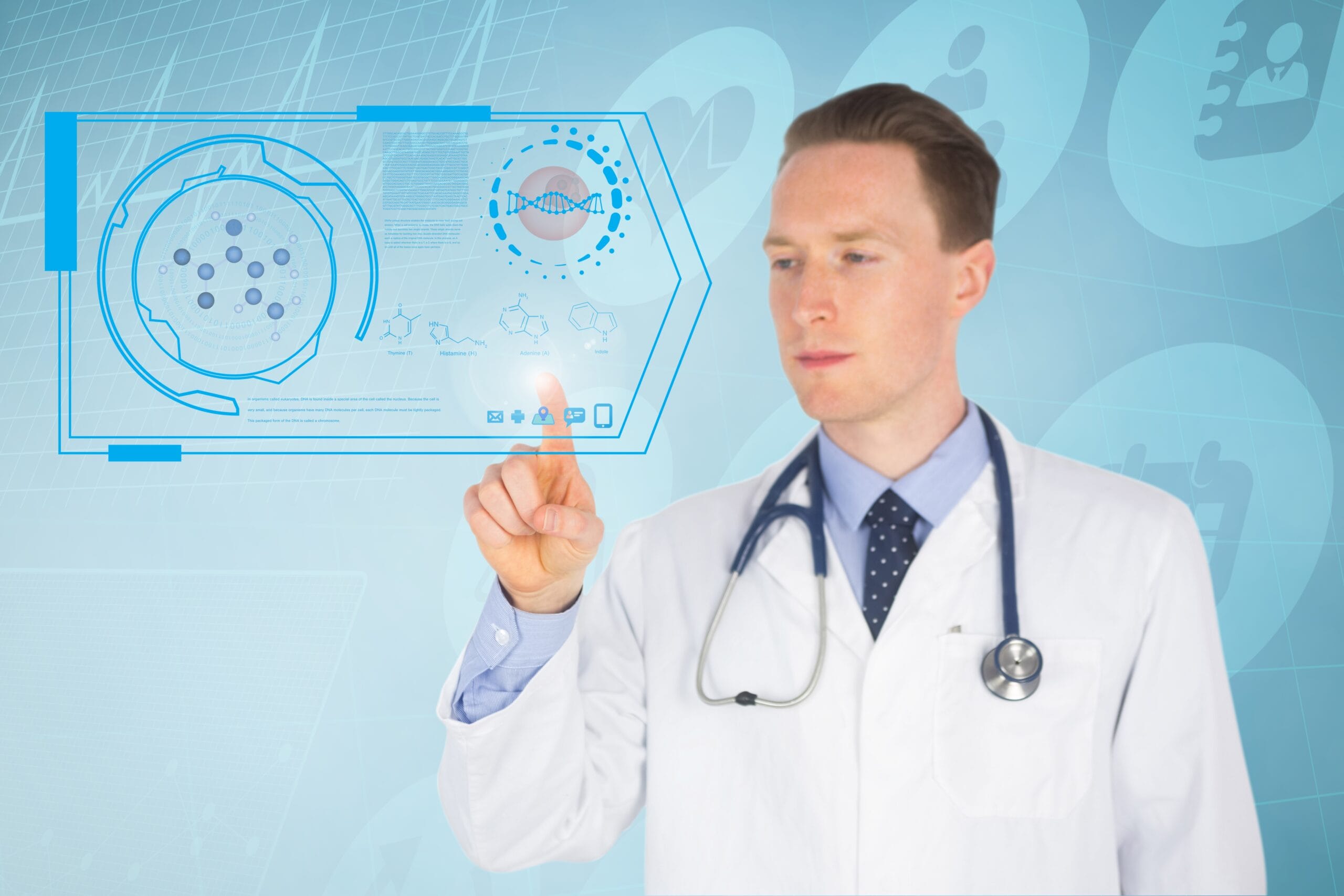 Doctor using a futuristic digital interface to analyze patient data, illustrating the role of technology and accuracy in medical coding and revenue cycle management.