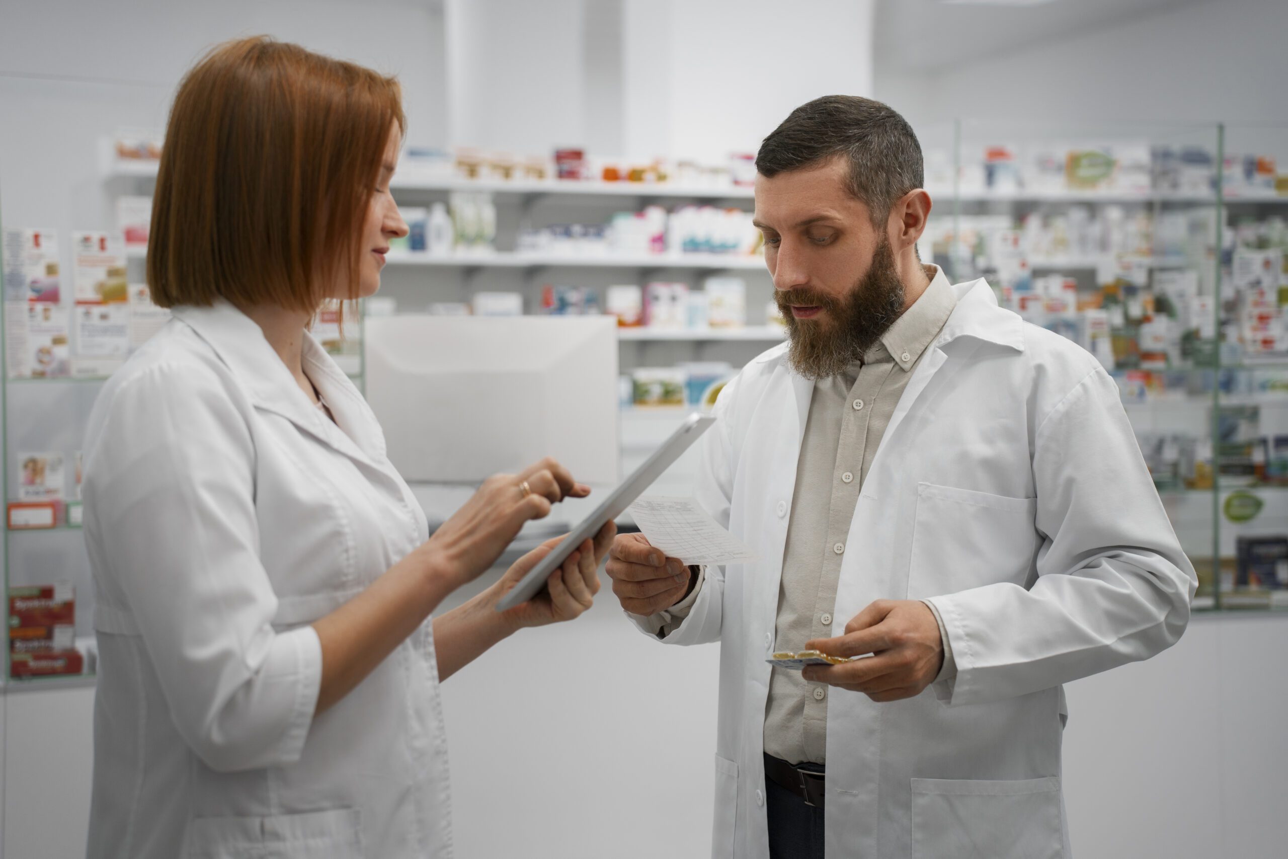 Two pharmacists discussing medication orders in a pharmacy, reviewing a tablet and a prescription for accuracy and drug utilization.