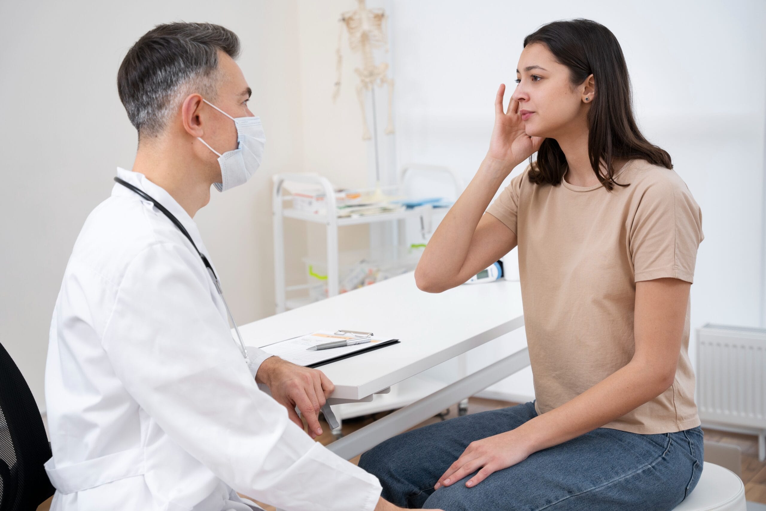 Doctor consulting a patient, focusing on mental health and well-being in a clinical setting.