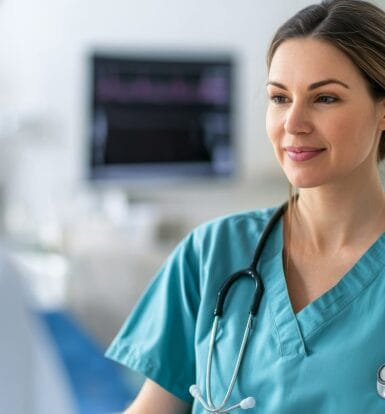 A smiling healthcare professional in teal scrubs with a stethoscope around her neck, standing in a medical facility