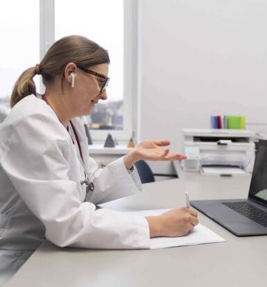 A doctor in a white coat conducting a virtual consultation with a patient on a laptop, representing telemedicine and patient engagement supported by virtual medical receptionists