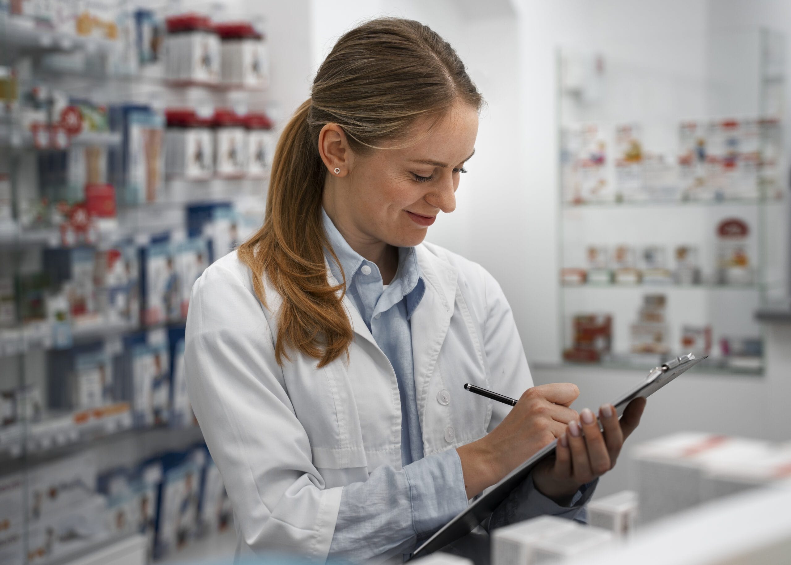 A pharmacist reviewing a clipboard in a pharmacy, representing efficient compliance management through outsourcing services.