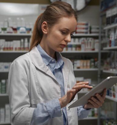 A pharmacist reviewing data on a tablet in a well-stocked pharmacy, illustrating efficient workflows through outsourced adherence programs