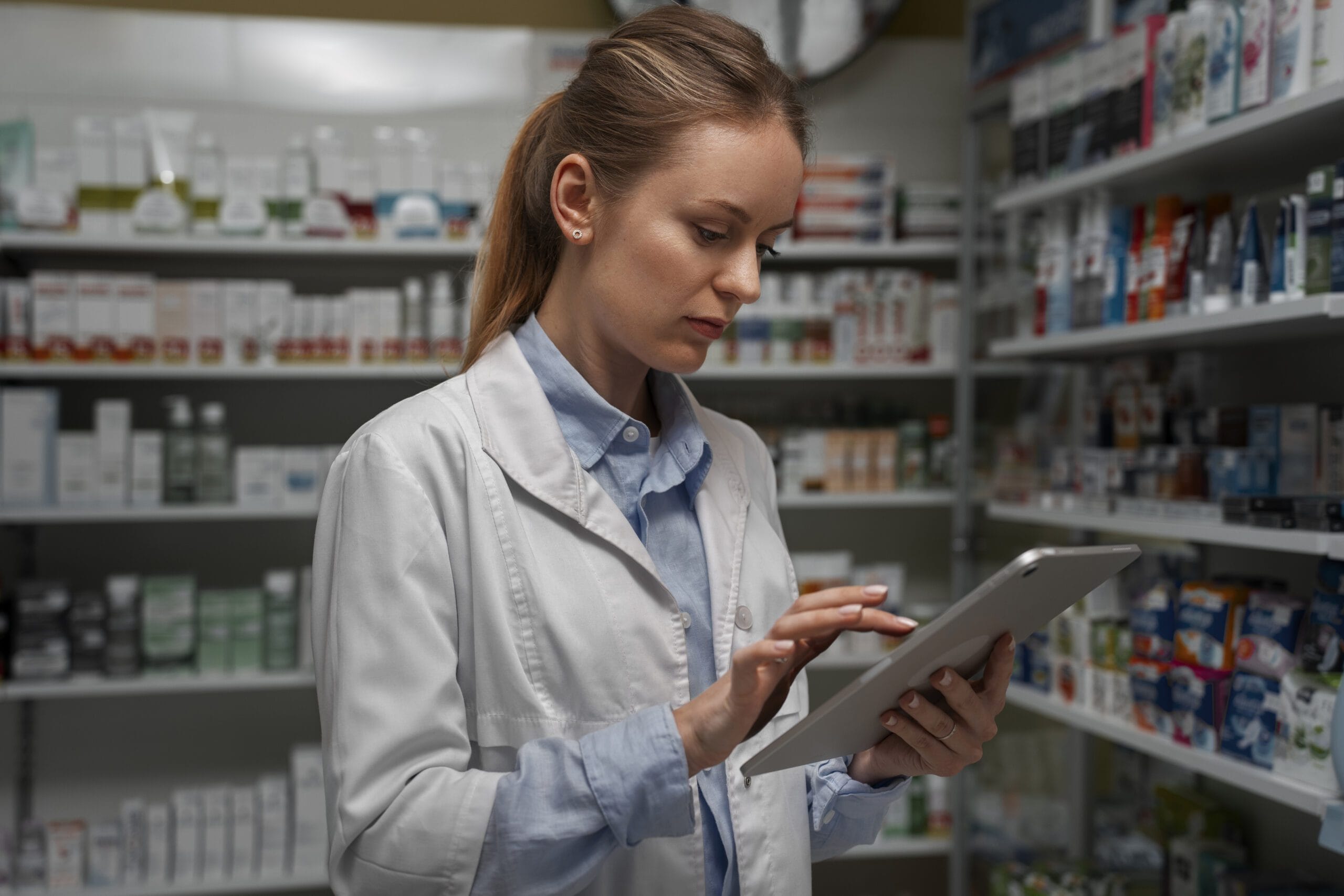 A pharmacist reviewing data on a tablet in a well-stocked pharmacy, illustrating efficient workflows through outsourced adherence programs