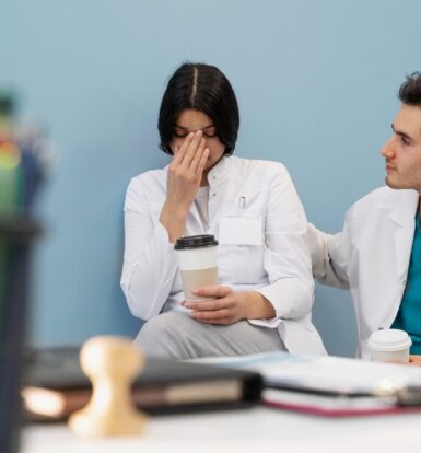 A concerned doctor comforting a distressed colleague, symbolizing the challenges of managing prior authorization denials for Clozapine.