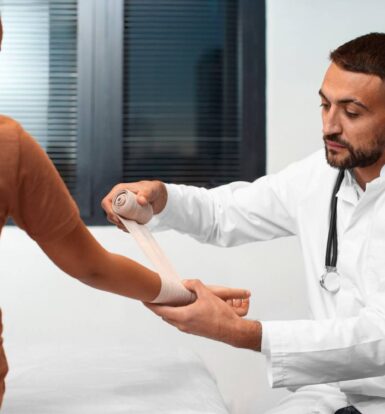 Doctor bandaging child's arm during a medical consultation