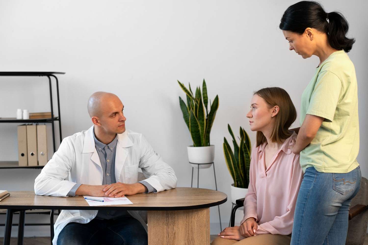 A doctor consulting with a young female patient and her caregiver, symbolizing the collaborative process of securing prior authorization for medications like Rexulti.