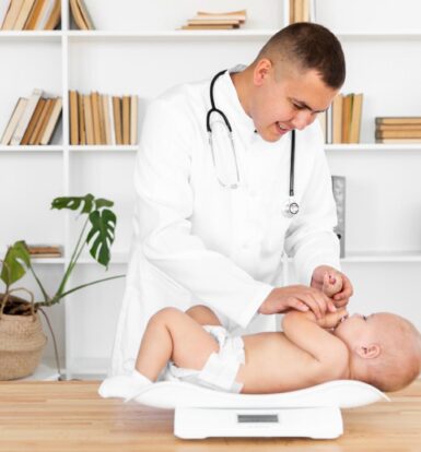 Doctor weighing an infant during a pediatric growth assessment, highlighting the importance of prior authorization for growth hormone therapy like Skytrofa.