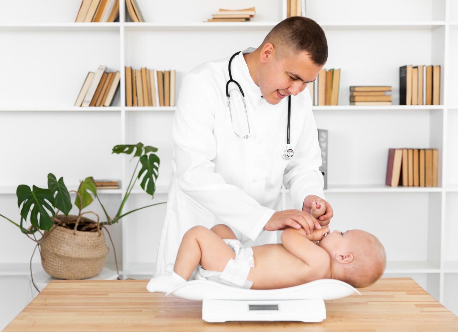 Doctor weighing an infant during a pediatric growth assessment, highlighting the importance of prior authorization for growth hormone therapy like Skytrofa.