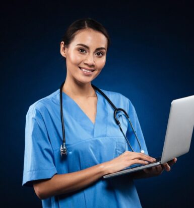 A healthcare provider discussing Virtual Medical Assistant benefits while reviewing a tablet.