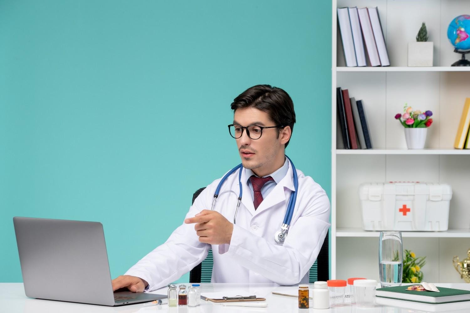 Doctor using a laptop for virtual medical assistant services in a healthcare setting.