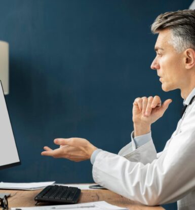 Doctor sitting at a desk, engaging with a computer screen, representing the use of virtual medical receptionists in healthcare practices.