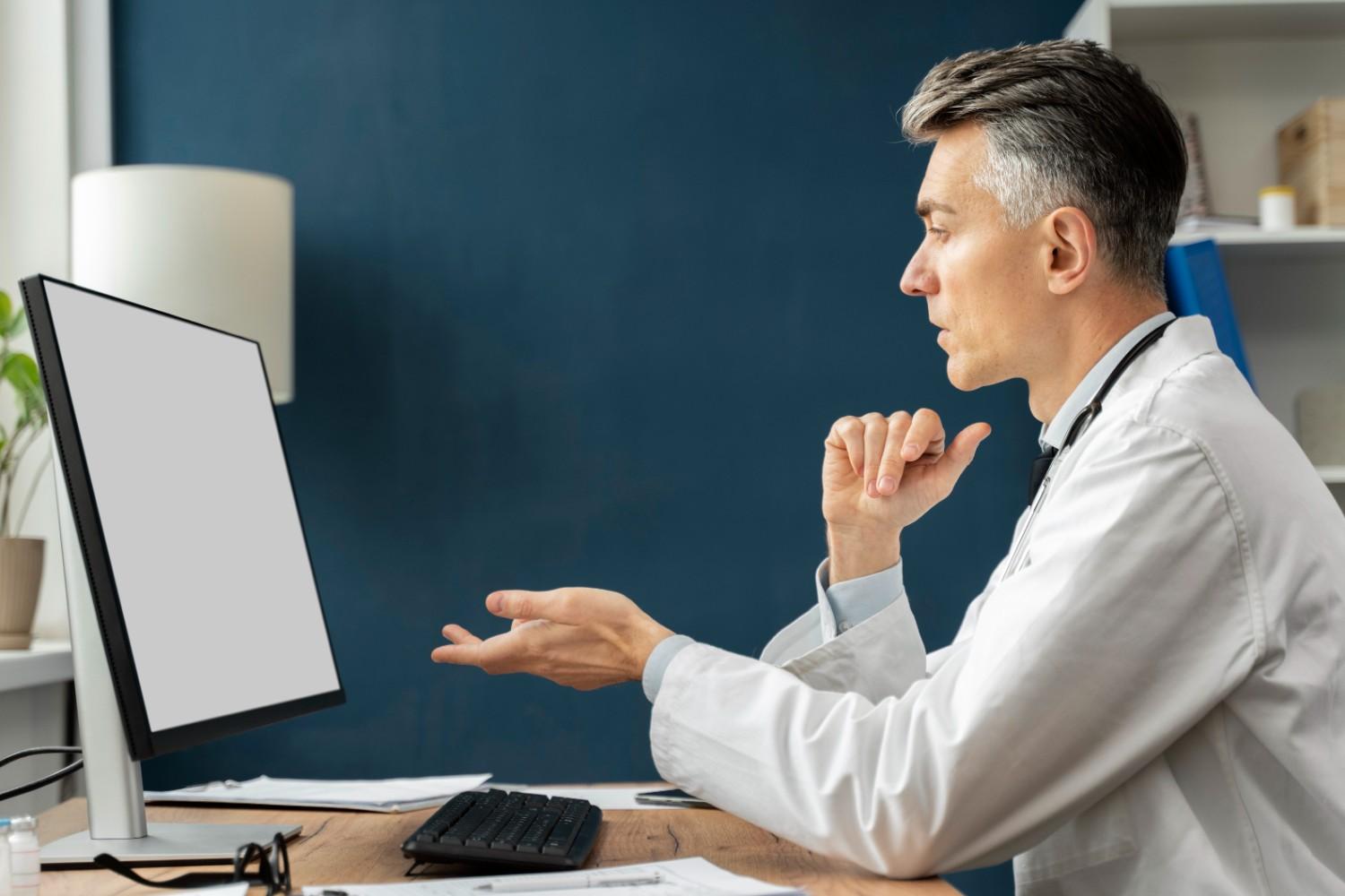 Doctor sitting at a desk, engaging with a computer screen, representing the use of virtual medical receptionists in healthcare practices.