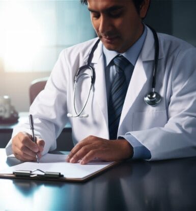 A certified medical coder working on a laptop in a small clinic.