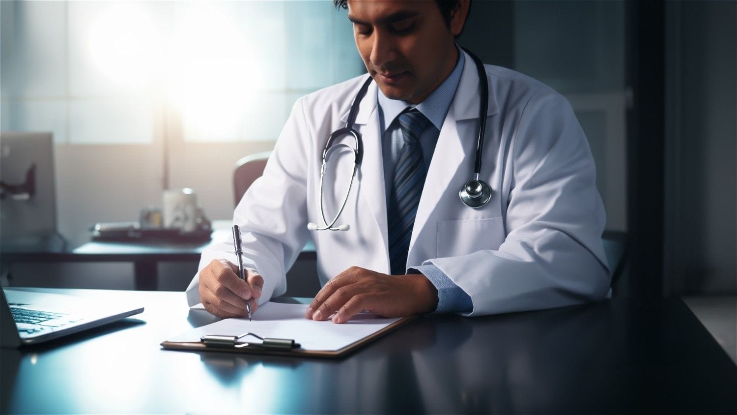 A certified medical coder working on a laptop in a small clinic.