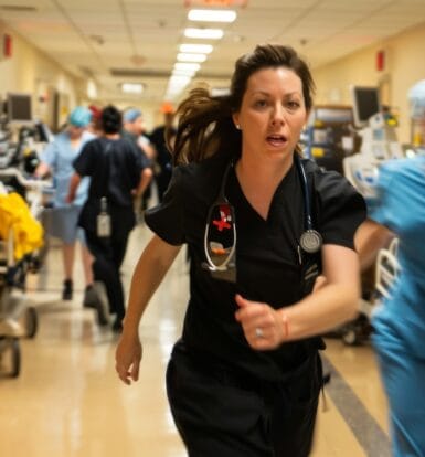 Nurse rushing through a busy emergency room in Manhattan, showcasing the urgency and fast-paced environment of ER operations.