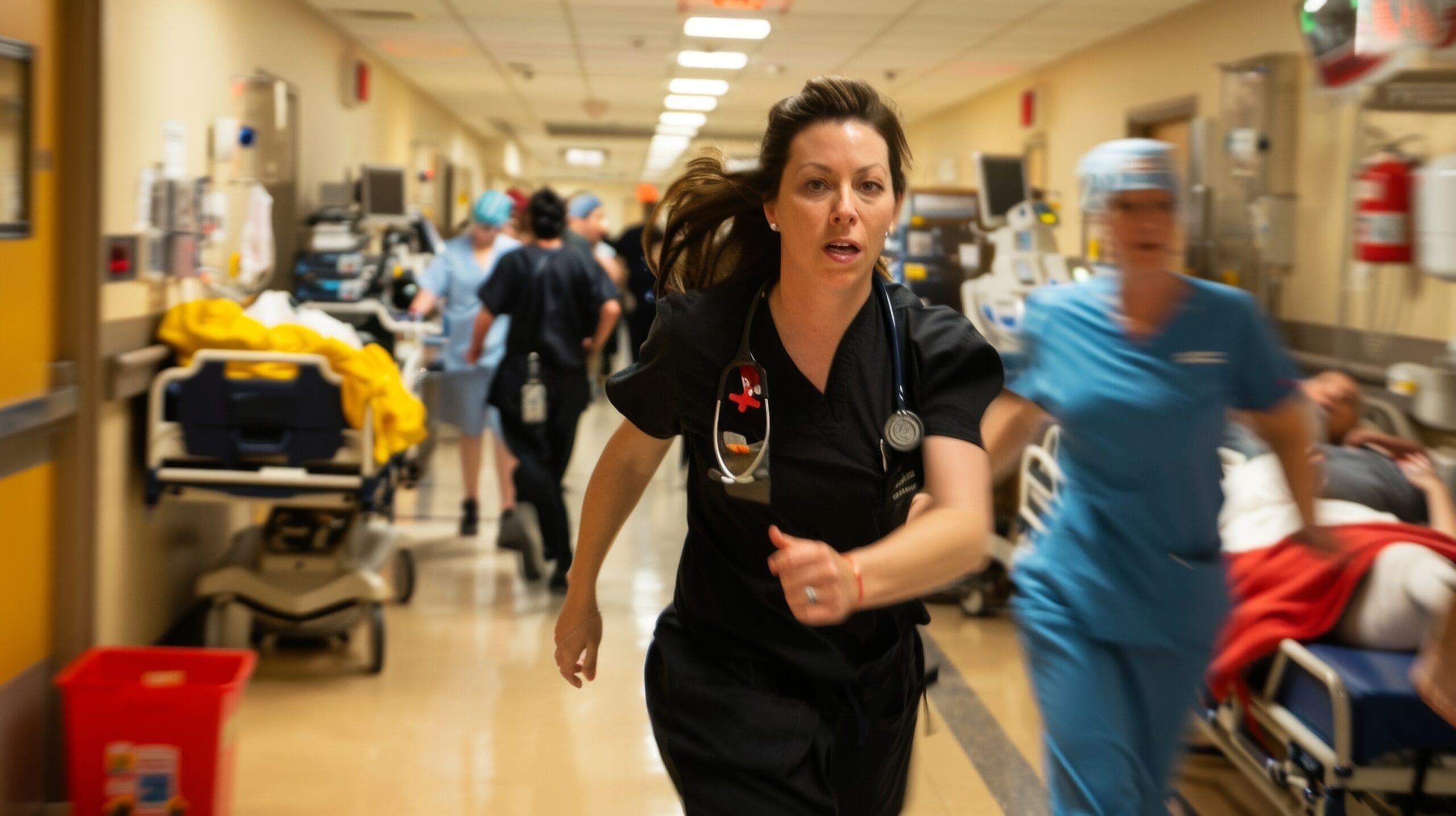 Nurse rushing through a busy emergency room in Manhattan, showcasing the urgency and fast-paced environment of ER operations.