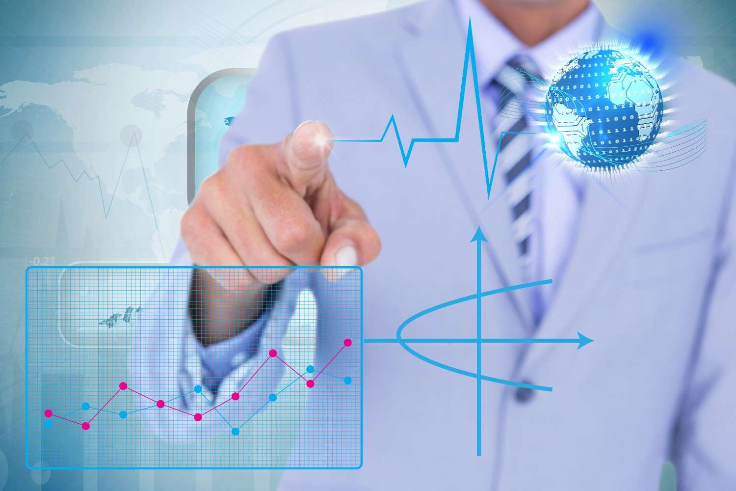 A healthcare professional interacting with a digital analytics dashboard, featuring a graph and a global data visualization.