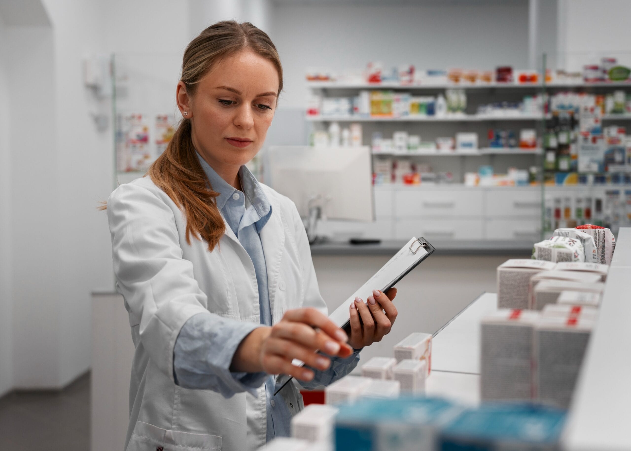 A healthcare professional using automated software for LTC pharmacy billing.