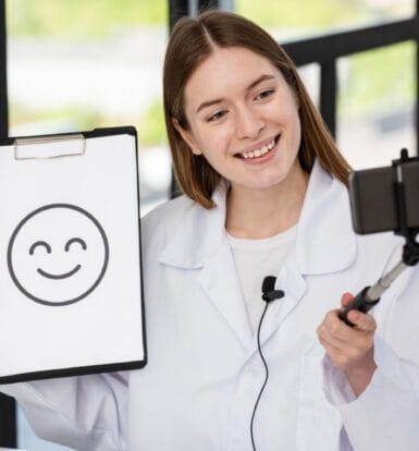 A smiling healthcare professional holding a happy face illustration while recording a video, symbolizing healthcare influencer marketing.