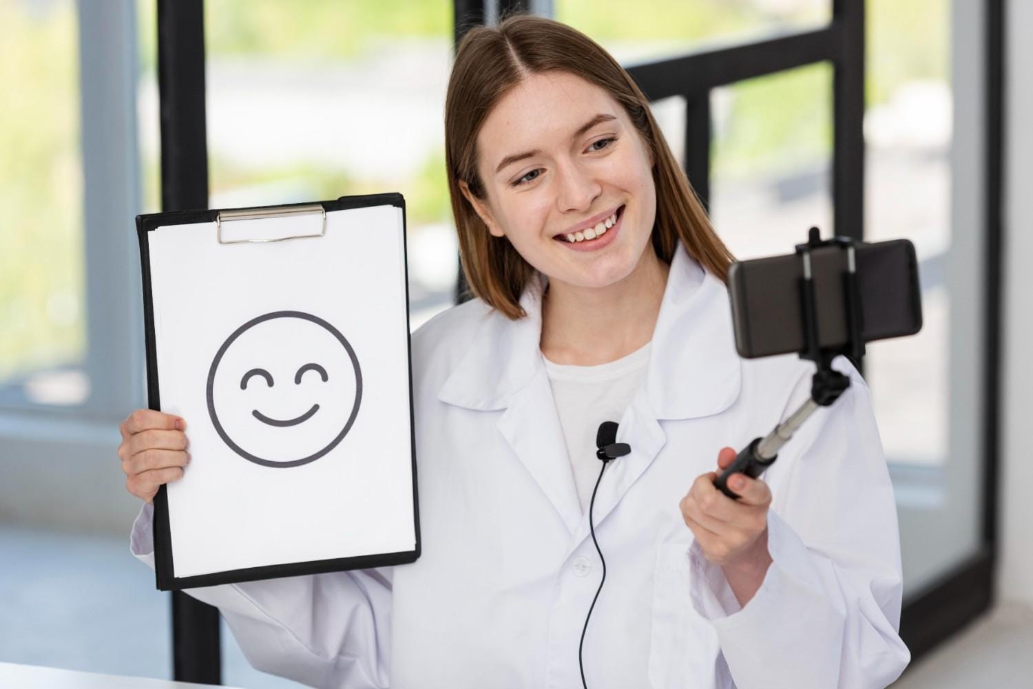 A smiling healthcare professional holding a happy face illustration while recording a video, symbolizing healthcare influencer marketing.