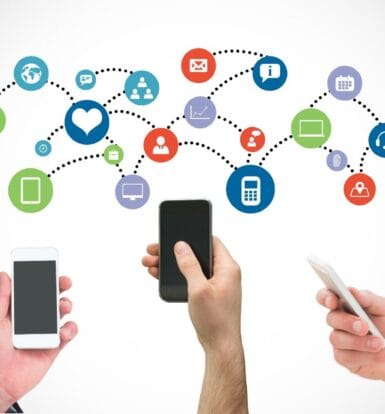 Illustration of omnichannel communication in healthcare with smartphones and icons connecting various digital and offline channels.