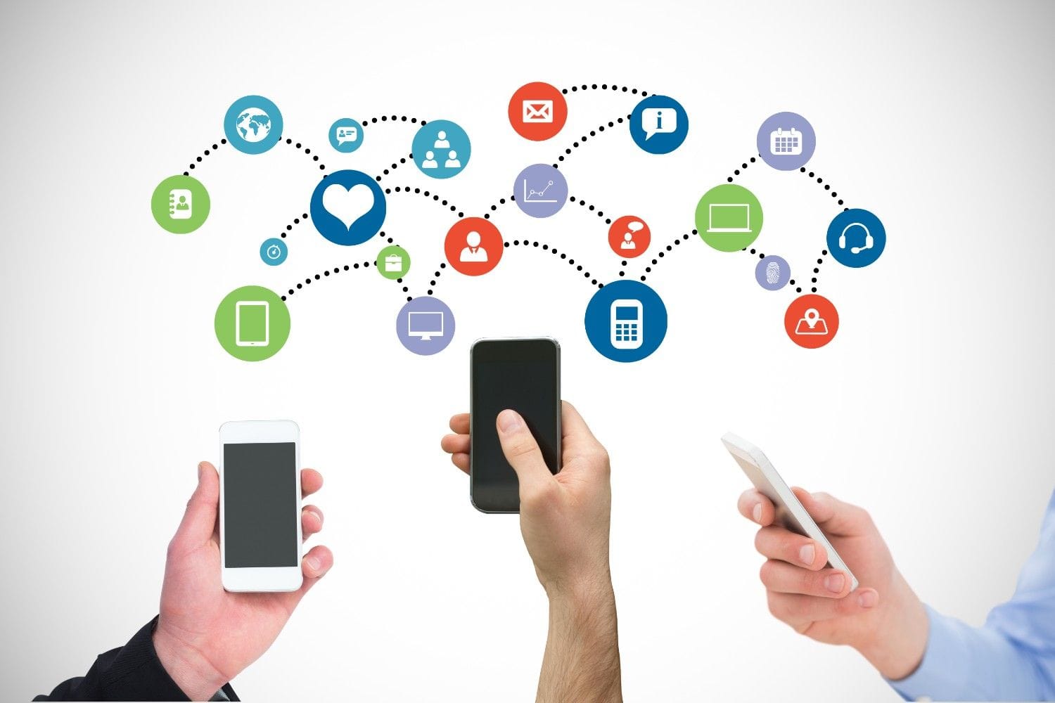 Illustration of omnichannel communication in healthcare with smartphones and icons connecting various digital and offline channels.