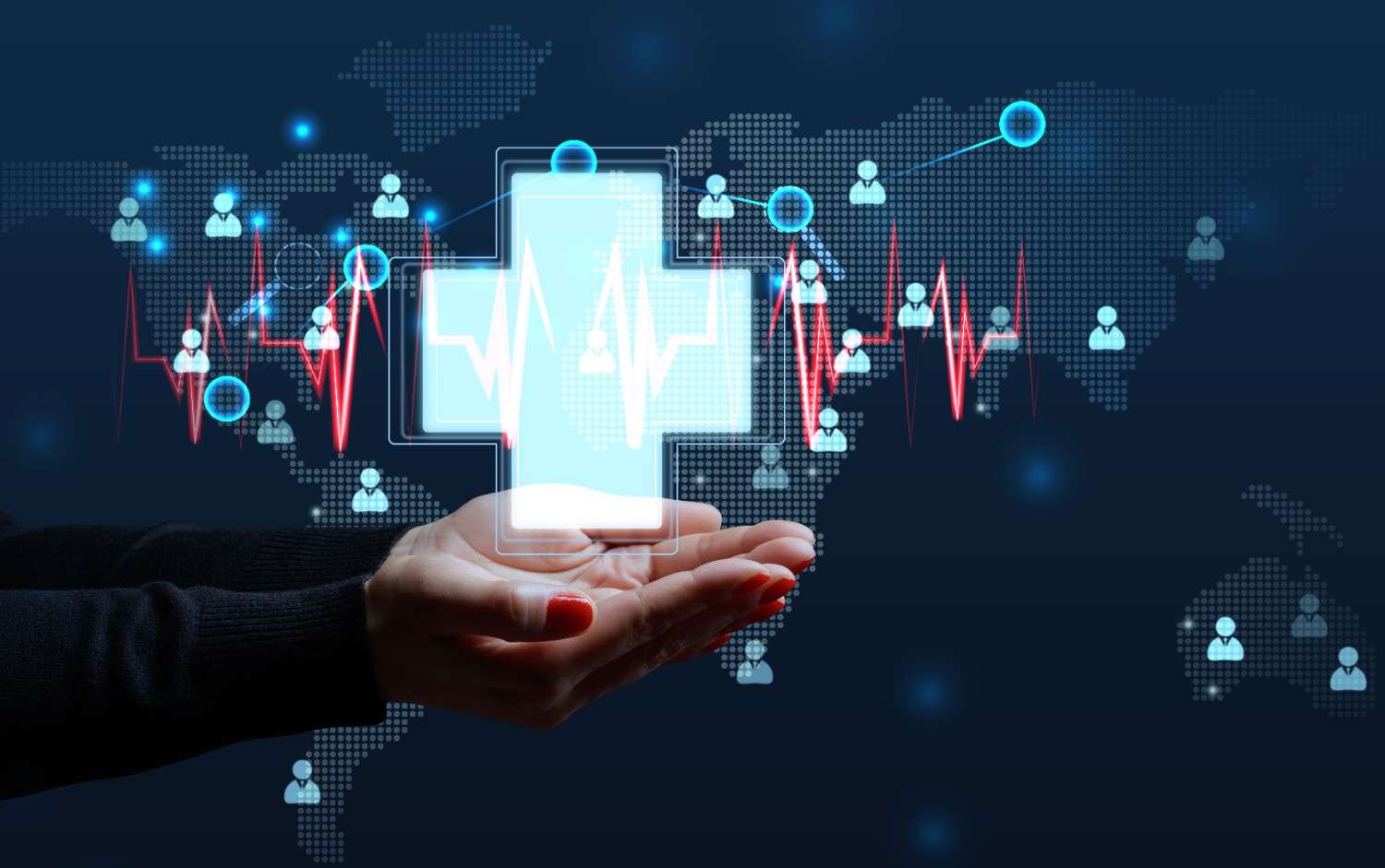 Global healthcare outsourcing concept with a hand holding a digital medical cross, representing healthcare solutions by Staffingly.