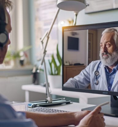 A healthcare professional in a virtual care setting discussing outsourcing benefits on a video call.