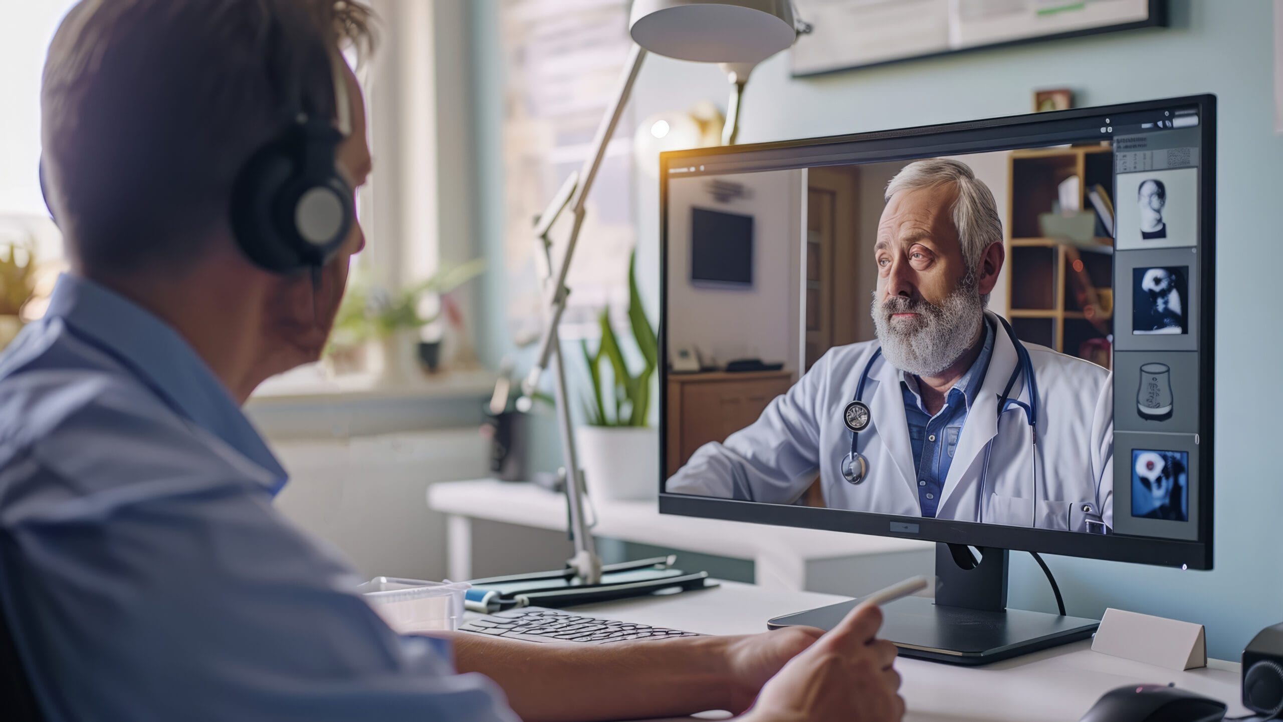 A healthcare professional in a virtual care setting discussing outsourcing benefits on a video call.
