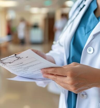 Doctor reviewing patient documentation for prior authorization submission