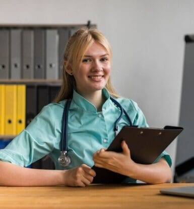 A healthcare provider reviewing billing reports with an outsourced team.