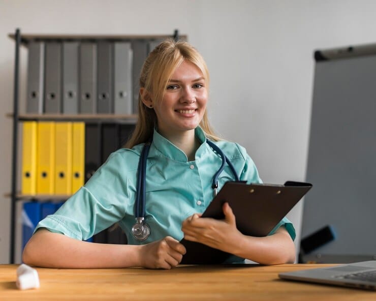 A healthcare provider reviewing billing reports with an outsourced team.