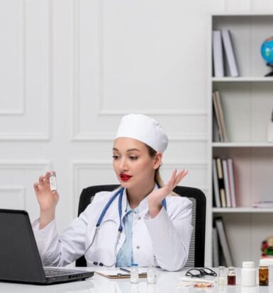 Medical professional in a white coat and cap explaining medication during an online consultation, with bottles of medicine on the table.