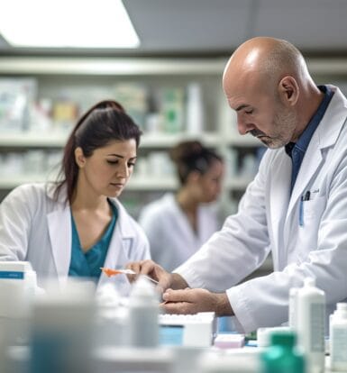 A healthcare professional reviewing pharmacy billing documents with a computer and calculator.